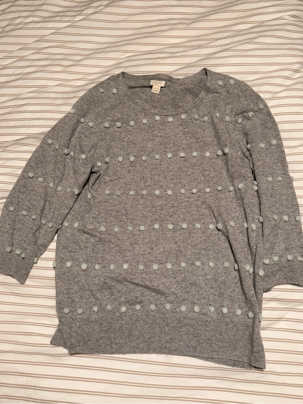 J. Crew Gray Crewneck Sweater with Mint Pom-Poms